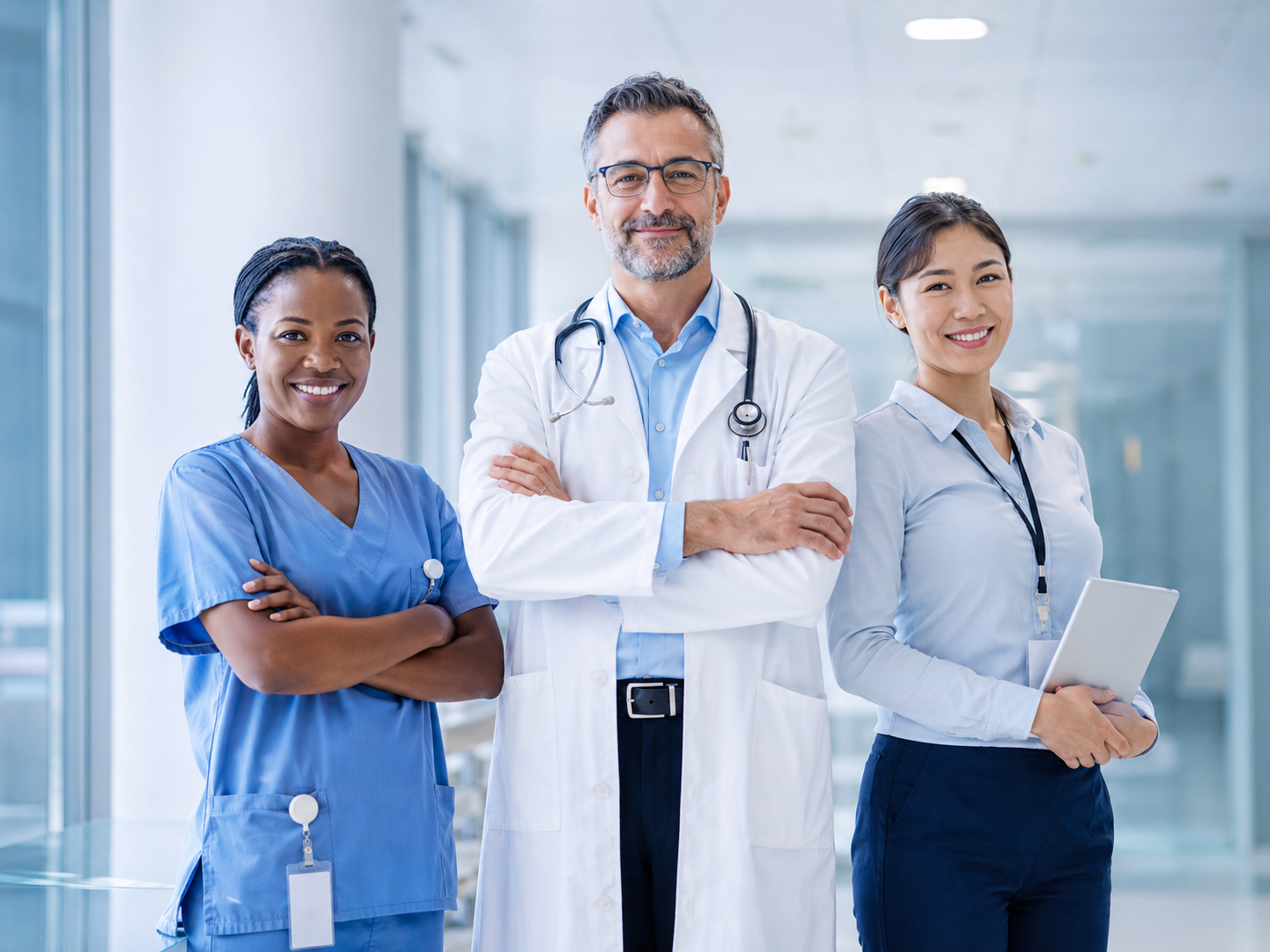A diverse group of healthcare professionals standing together in a hospital